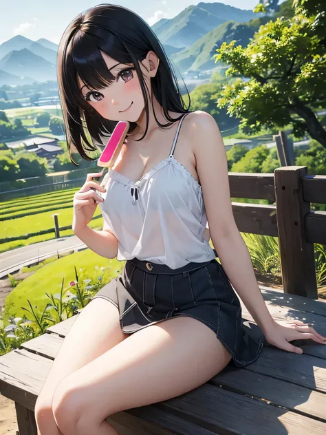 CG, Unity, 8k, sitting on the edge, camisole, Ultra mini skirt, Thighs, Best Writing, Complex pupil, Complex weaving, Detailed Background, Japanese countryside scenery, Bringing popsicles closer to your audience、Black Hair、(Smile 1.2)