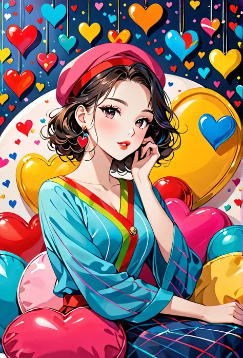 Ultra-realistic 奈良美智 colorful style, Simple lines acronym abstract art，(((The most beautiful woman of all time))), (((Lips in love))), Colorful hearts, stylish design, Dark Eyes, (((Holiday Room))), (((Cute Protozoan)))