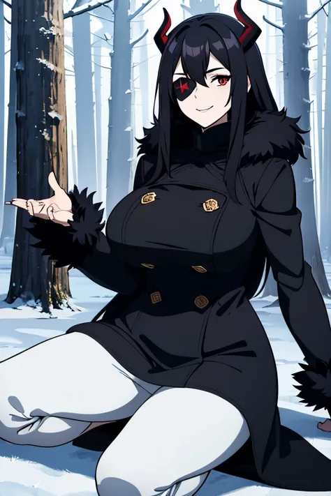 (masterpiece), (best quality), (ultra-detailed), (best illustration), (best shadow), (absurdres), 1woman, busty, big , (Black fur trim coat), (Black demon horns), (red eyes), (black eye patch), (very long black hair), (messy hair), (pale skin), ( drooping ...