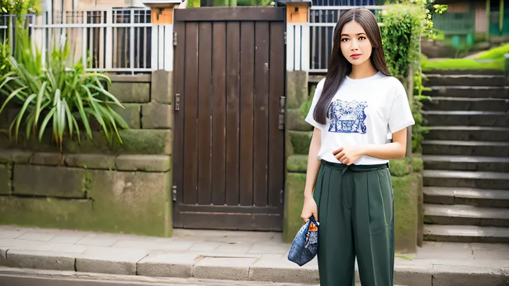 (photorealism: 1.2), beautiful Asian woman, a university student, long straight hair, wearing a t-shirt, trousers (press body), pose holding a bag, standing together with a father (asking something) face to face pose, in front of the gate of a terraced hou...