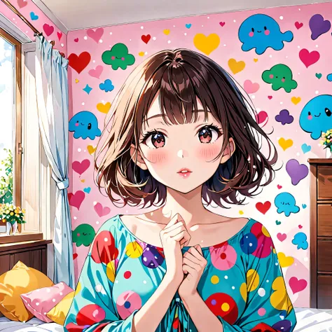 Ultra-realism Yayoi Kusama colorful style, Simple Line Initialism，Abstract art，(((The most beautiful girl of all time))), (((Lips in love))), colorful hearts, kawaii design, Dark Eyes, (((Holiday Room))), (((Cute amoeba)))