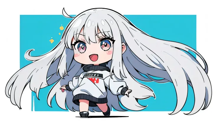 (masterpiece, Highest quality), 1girl, :D, oversized white sweatshirt, (silver long hair) and (silver eyes), flat color, white and silver color, (Chibi), ((full body)), walking, (((bold outline))), Vector art, No background