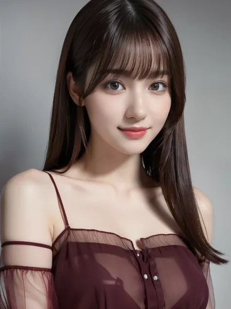 1 girl,(Wearing a burgundy transparent thin blouse:1.2),(RAW Photos, highest quality), (Realistic, Photorealistic:1.4), Tabletop, Very delicate and beautiful, Very detailed, 2k wallpaper, wonderful, In detail, Very detailed CG Unity 8k wallpaper, Very deta...