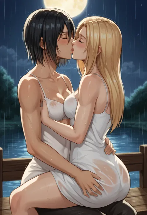 score_9, score_8_up, score_7_up, BREAK source_anime, historia reiss, blue eyes, blonde hair, long hair, medium breasts, long white dress sleeveless,female black hair soldier hugs historia,Mikasa with historia hugs,mikasa wreanig black sport bra and black c...