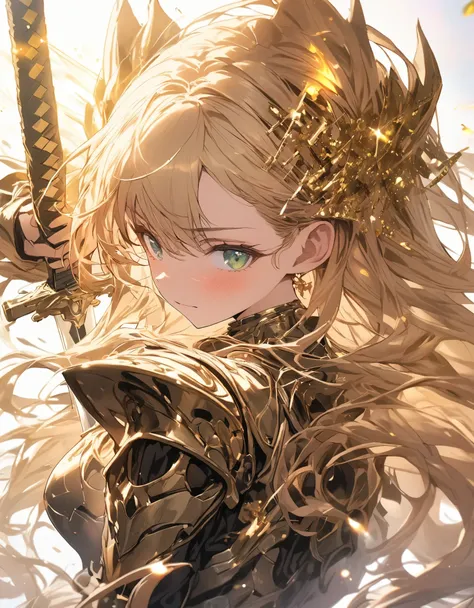 Prism lens, masterpiece, 10 years girl, gold beautiful glitter hair, long hair, Break, Dressed in steel armor, ((have a sword)), grenn eyes, upper body, sparkling beautiful burning background