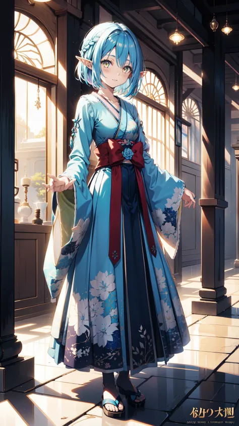 Anime Girl, Fantasy illustration, Flowing hair，Blue Japanese style long skirt，Transparent Clothes， Beautiful young elf, Dark blue hair，Medium to short hair，Double braid，Hair Ring，Happy，Beautiful fantasy anime, 闪亮Flowing hair, Ethereal Anime, Beautiful anim...