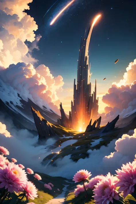 masterpieceBest Quality, (Highly detailed CG unity 8k wallpaper), (Best Quality), (Best illustrations), (Best Shadow),In a sea of flowers dotted with pink clouds，planet，Infinite Universe，Milky Way，A sky full of stars