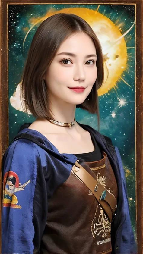 293 (20-year-old woman,Short Hair), (A kind smile), ((Space Pirate Captain,captain)), (colorful), (Leonardo da Vinci paintings), flower, Futuristic space pirate ship, nebula