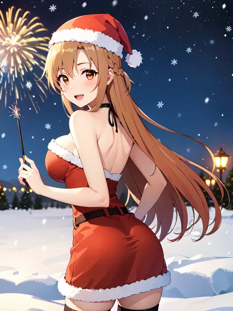 Masterpiece ,best quality , high resolution , ultra detail , colorful  , (1 girl solo:1.38) , (asuna , long hair , braid , brown haor , brown eyes ,  tall, slim body) , (Xmas cloth , dress , bell , xmax hat , stockings , belt , bare shoulder , strapless , ...