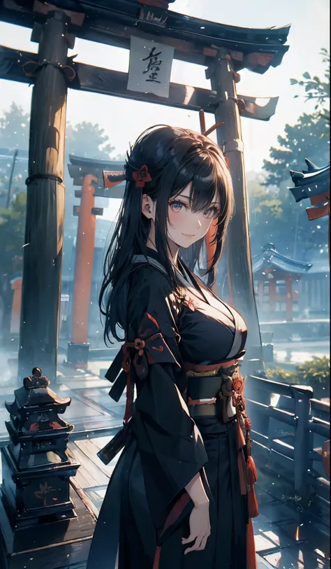 ((Big Breasts,shrine,samurai,Japanese)),beautiful, masterpiece, Best Quality,Beauty, Look at the viewers,Smiling,Facing forward,Bamboo grove,Hakama,rain,豪rain,Standing,