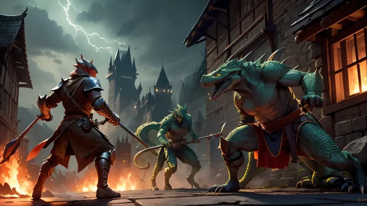 "A pack of lizardmen, reptilian beings with green scales and glowing red eyes, They attack a medieval city under the light of dawn. Armed with spears and stone swords, They burst through the wooden doors and advance along the cobbled streets. Thatched hous...