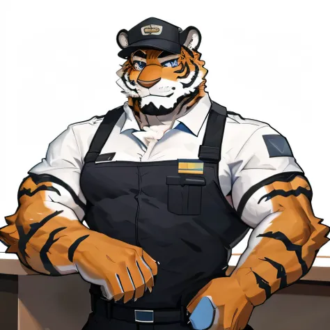 1 boy, Solitary, anthropology,Tiger, hairy, From south to north, the fur turns red, Where people gather，Sparkling blue eyes, Pink hunk，Have abdominal muscles，muscular, Handsome, security guard，security guard（patrol）, Black pants, White shirt, Fitness，Hands...