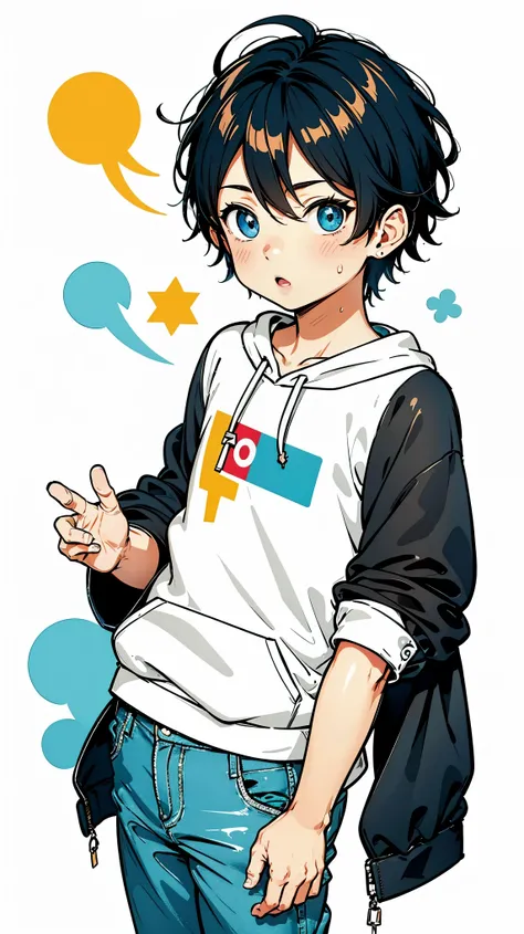 High resolution, masterpiece, Best quality, Best quality, High definition, High definition, 1boy, Solo, Shota, Black hair, cute blue eyes, Black hoodie, short jeans, (little boy), White simple background, a little sweat, Perfect Hands