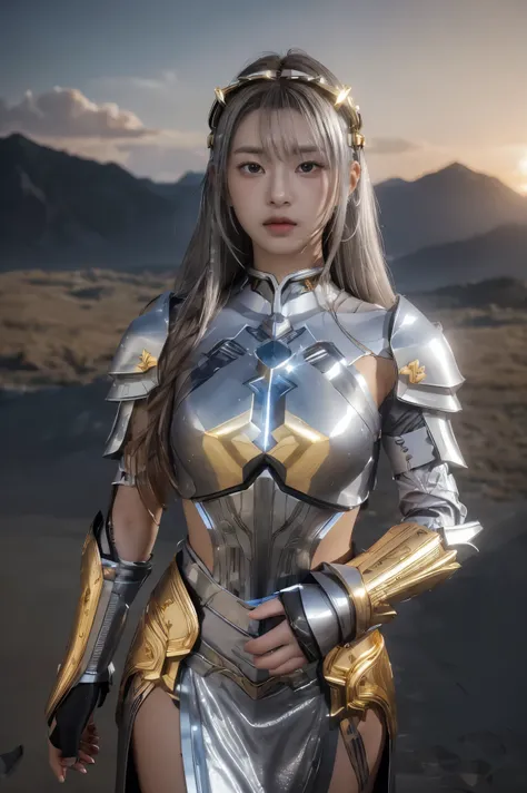 ((masterpiece, best quality, extremely detailed), volumetric lighting, ambient occlusion, colorful, glowing), 1girl, solo, young girl, (dark hair), long hair, halo, aura, sacred, goddess, cleric suit, (silver outfit with gold detailst:1.3), armor, outdoors...