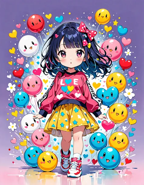 Ultra-realism Yayoi Kusama colorful style, Simple Line Initialism，Abstract art，(((The most beautiful girl of all time))), chibi, colorful hearts, kawaii design, sports fashion, Dark Eyes, (((walking))), (((Cute amoeba)))