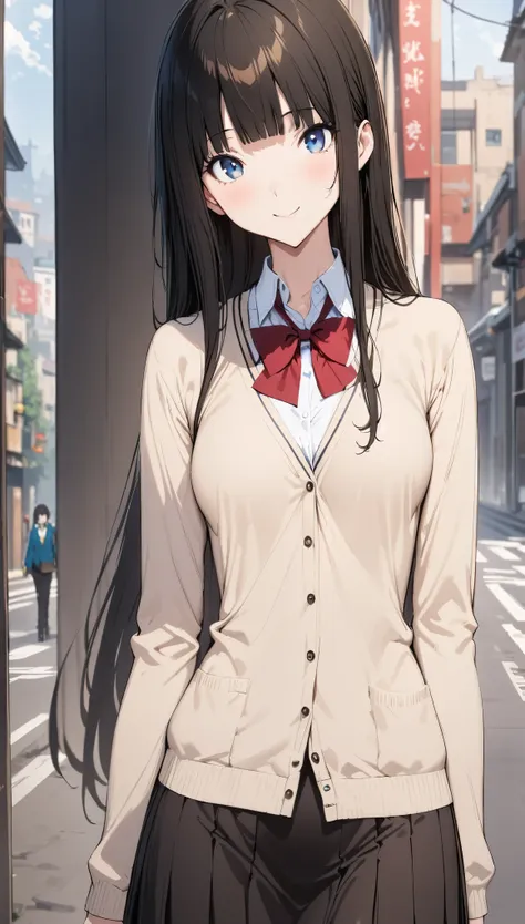 ((masterpiece,Best Quality:1.3,best quality illustrations)), cowboy shot,portrait,1woman,young adult,straight long hair,black hair,small head,long bangs between eyes, blue eyes,smile,(gorgeous eyes),long body,medium breasts,School uniform, (ivory color car...