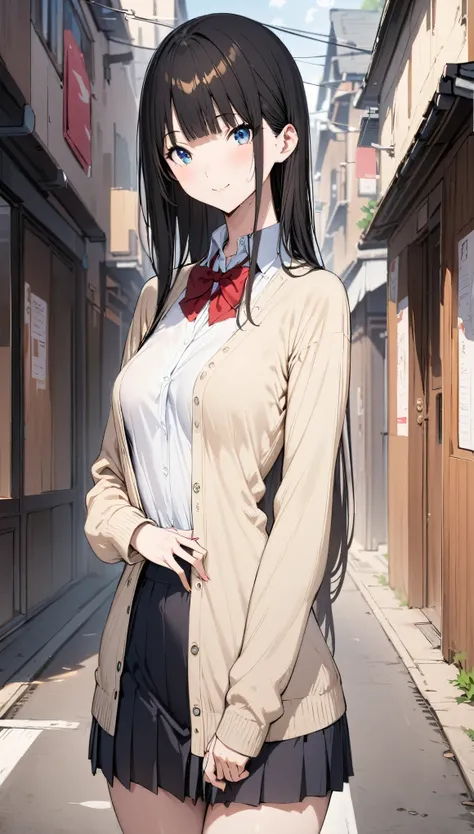 ((masterpiece,Best Quality:1.3,best quality illustrations)), cowboy shot,portrait,1woman,young adult,straight long hair,black hair,small head,long bangs between eyes, blue eyes,smile,(gorgeous eyes),long body,medium breasts,School uniform, (ivory color car...