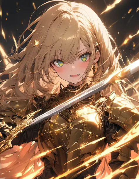 Prism lens, masterpiece, 10 years girl, gold beautiful glitter hair, long hair, Break, Dressed in steel armor, ((have a sword)), grenn eyes, upper body, sparkling beautiful burning background