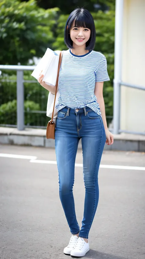 A girl is standing 、Full body photo、White striped t-shirt, Blue skinny jeans, Black Hair,、耳にピアス、 , smile, 、白いスニーカー, University
