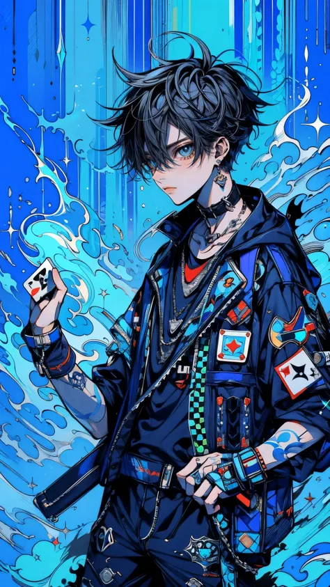 (high quality), (masterpiece), (detailed), 8K, (Teenage boy1.3) stands defiantly against (vibrant blue background1.3) with jagged glitch-like patterns, dressed in (punk streetwear1.3) featuring (Card deck colors and patterns1.3) and sharp metallic accessor...