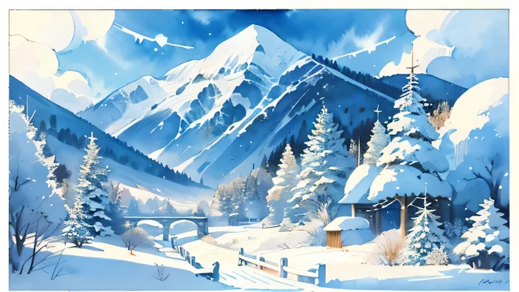 (((masterpiece))),Best Quality Whitetown, Snow Mountain, landscape, Sky, outdoor, watercolor (medium), Traditional Media,