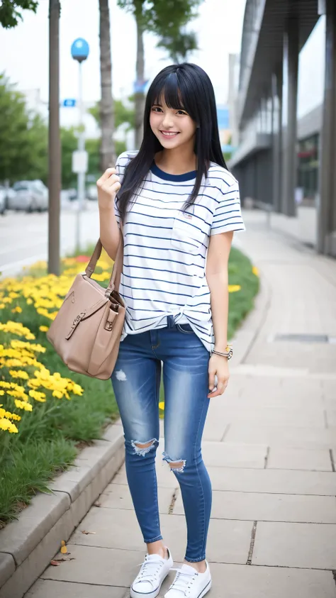 A girl is standing 、Full body photo、White striped t-shirt, Blue skinny jeans, Black Hair,、耳にピアス、 , smile, 、白いスニーカー, University

