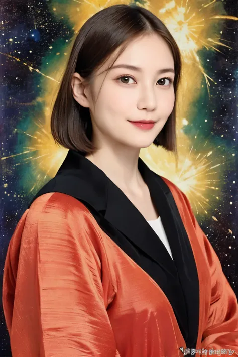 293 (20-year-old woman,Short Hair), (A kind smile), ((宇宙海賊captain,captain)), (colorful), (Leonardo da Vinci paintings), flower, Futuristic space pirate ship, nebula