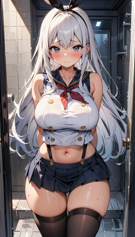 (curvy, large breasts, (tented costume)), (sleeveless white crop top, crop top navel, black pleated miniskirt, (suspenders)), (1girl, shimakaze, kantai collection, white hair), beautiful detailed eyes, black eyes,(cute eyes), black thigh highs, arms behind...