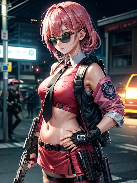 (highest quality)), ((masterpiece)), (family friendly), Perfect Face,Shiny skin,Beautiful breasts,Shiny skin、Kyoto Animation style painting、Sunburned skin、(((night)))、((Sweat))、(((Wet)))、(((Belly button)))、(((pink hair)))、(((Green eye)))((sunglasses))、(((R...