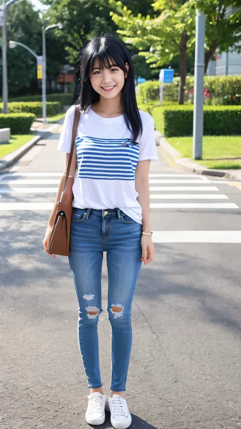 A girl is standing 、Full body photo、White striped t-shirt, Blue skinny jeans, Black Hair,、耳にピアス、 , smile, 、白いスニーカー, University

