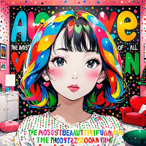 Ultra-realistic Yayoi Kusama colorful style, Simple lines acronym abstract art，(((The most beautiful woman of all time))), (((Lips in love))), Kawaii design, Dark Eyes, (((Holiday Room))), (((Cute Protozoan)))