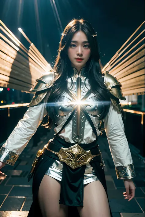 (masterpiece, best quality), A paladin holding a light-infused sword, light magic, divine, mage aura, silver and gold, 4k, dark cityscape, Fujifilm