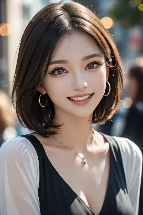 ((1. The Ultimate Beauty)), Mature, Beautiful Face, Detailed lips, A beautiful eye for detail, Double eyelids, Long eyelashes、(Grin), ((Beautiful teeth alignment)), Captivating Gaze, A charming smile, Long eyelashes, Elegant eyeshadow, ((Huge breasts)), (B...