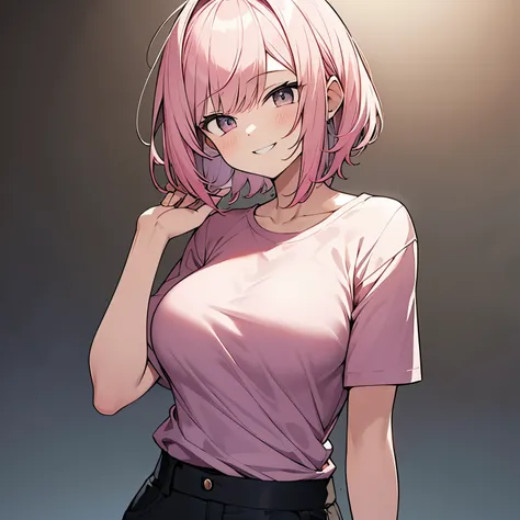 Pink haired short-haired girl　Plain pink short sleeve T-shirt　Big Breasts　smile　1 person　No background