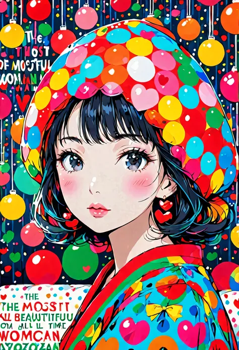 Ultra-realistic Yayoi Kusama colorful style, Simple lines acronym abstract art，(((The most beautiful woman of all time))), (((Lips in love))), Kawaii design, Dark Eyes, (((Holiday Room))), (((Cute Protozoan)))