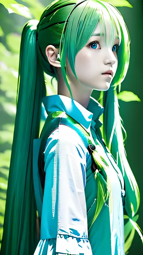 live-action、real、raw photos、blue green hair,dual horsetail,adorable,small eyes、depression,twin tails、hatsune miku、official art，u...