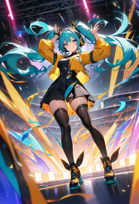 1woman, long teal hair, twin-tails, braided hair, big teal eyes, thigh, yellow cropped jacket,one hands up, black thigh-high stocking, energetic dance pose, glowing lights, swirling golden ribbons,headphones,Smiling at viewer,Wink, spotlight stage,crowded,...