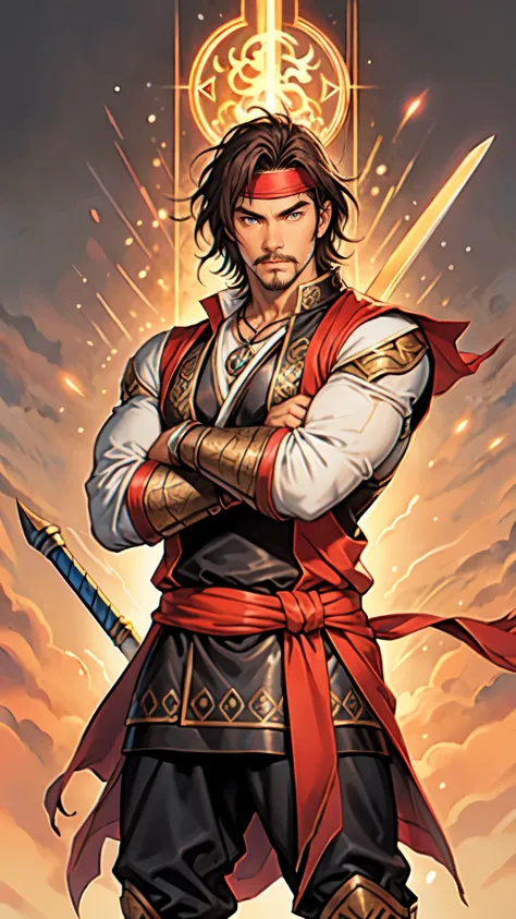 (masterpiece:1.2, best quality:1.2, extremely delicate:1.2), ((male:1.5)), a middle-aged man with short brown hair, a headband, a dignified face, mustaches and goatee beard, a fantasy martial arts style orange-yellow sleeveless vest, a sash wrapped around ...