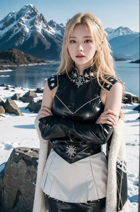 A photorealistic depiction of a young woman with blonde hair, dressed in a minimalistic gothic outfit with black leather and metal studs. She stands atop the snow-covered peaks of a mountain, her arms crossed as she surveys the frozen landscape below. Snow...