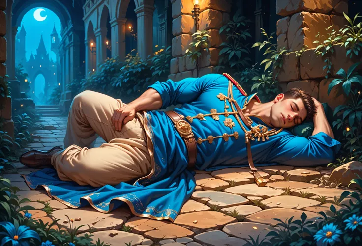 (masterpiece, Highest quality), (1boy, solo:1.4, (boy is laying on the ground, face down, sleeping)), (boy is (wearing a royal soldier blue tunic, beige pants), brunette, muscular, (detailed eyes and face)),(full body), (at night, moonlight, stone corridor...