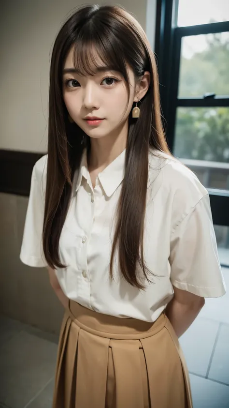 Japanese woman standing with her hands behind her back、1 person、Perfect beauty、Full body portrait、Small face、Medium build、Model-like proportions、Wearing a shirt、Wearing a skirt、, light brown hair, crossed bangs, straight hair, floating hair, expressive hai...