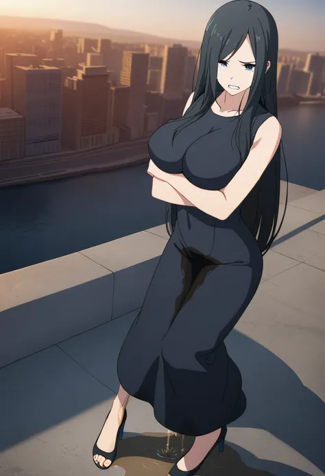 1girl, (long hair:1.5), (straight hair:1.5), black hair, blue eyes, extremely detailed eyes and face, detailed facial features, beautiful detailed eyes, huge breasts, navel, (wetting self:1.5), (long dress:1.5), (tight dress:1.5), high heels, embarrassed, ...