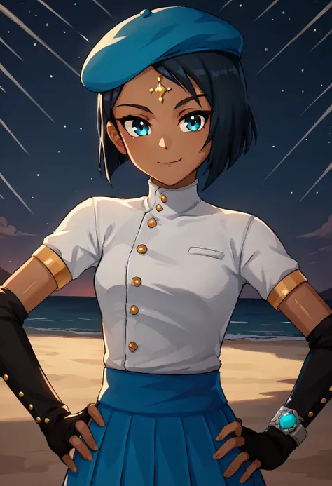 Ciel_RWBY, Blue eyes,short hair, forehead jewel, dark-skinned female, black hair, beret, fingerless gloves, white shirt, short sleeves, pleated skirt, black gloves, blue skirt, elbow gloves, high quality, shiny skin, solo, night sky, beach, arm behind head...