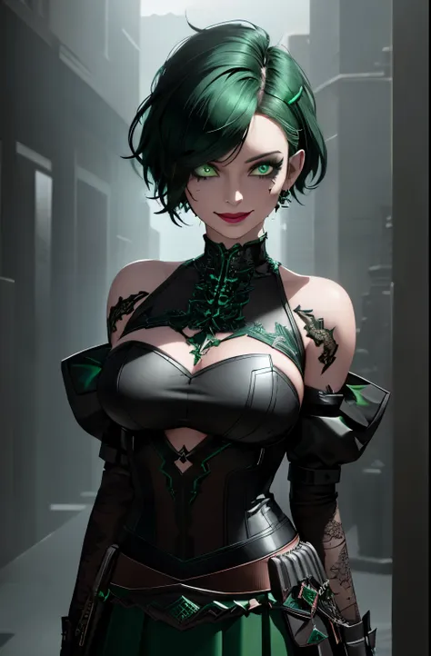 A beautiful girl with short green hair, dark clothes, a wide skirt, electronic style, piercing, eyeliner, smiling, detailed facial features, green eyes, detailed hair, masterpiece, photorealistic, hyperdetailed, cinematic lighting, octane render, sharp foc...