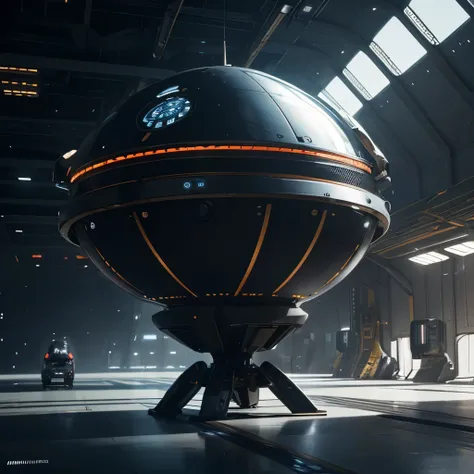 a round futuristic spacecraft, glossy and detailed design, beautiful ornaments, inside a factory, hyperrealistic, 8k, photorealistic, concept art, industrial, cinematic lighting, dynamic composition, clean lines, metallic materials, intricate detailing, se...