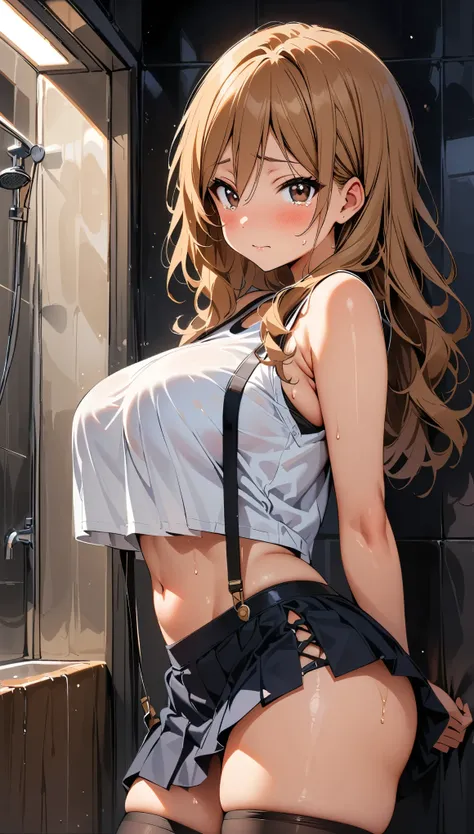 (curvy, large breasts, (tented costume)), (((sleeveless white crop top)), crop top navel, black pleated miniskirt), ((suspenders)),   ((1girl, tachibana himeko, K-ON!)), beautiful detailed eyes, black eyes,(cute eyes), black thigh highs, arms behind back, ...