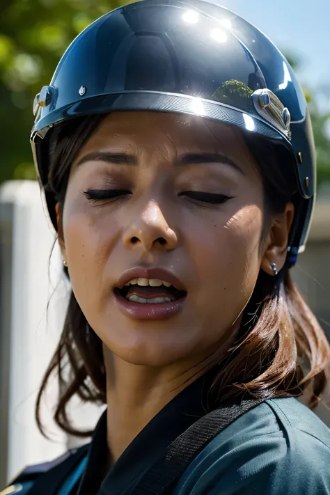 Beautiful Japanese actresses,Flying debris,Award-winning photo, Very detailed, Edge Orgasm, Woman with open mouth and closed eyes , Sweaty skin、Lighting that highlights shiny sweat{{{Please spread the word }}}, Black Hair、((Female police officer wearing a ...