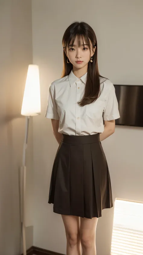 Japanese woman standing with her hands behind her back、1 person、Perfect beauty、Full body portrait、Small face、Medium build、Model-like proportions、Wearing a shirt、Wearing a skirt、, light brown hair, crossed bangs, straight hair, floating hair, expressive hai...