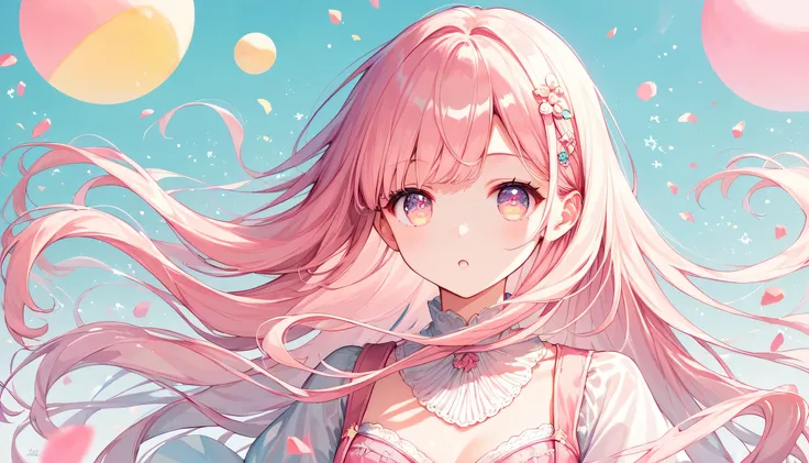 Score_9, Score_8_superior, Score_7_superior,sauce_anime, High-resolution images,masterpiece,Best Quality,girl,Cute face,Beautiful Skin,Shiny Hair,Highly detailed eyes,Pastel color background, Jojipan,,Long Hair,Light Pastel Hair,