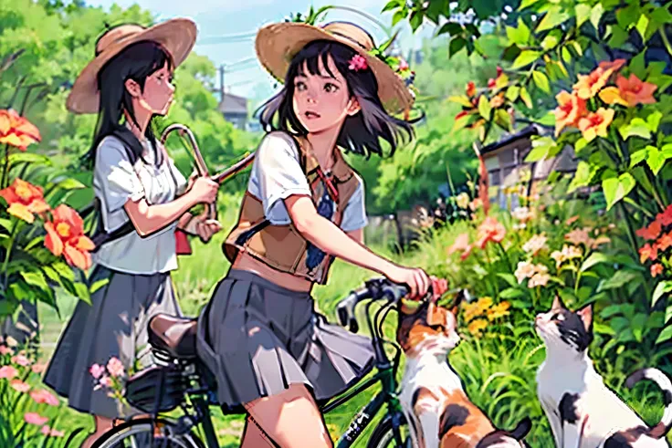 Three Girls, (A calico cat wanders around:1.2)、(Pushing a bicycle:1.2)、Black Hair, Short Hair、Long Hair, Hair Ties, Hairbands, Hair accessories, Straw hat、Shorts, skirt、Dappled sunlight、Outdoor, nature, wood々、 (Trumpet Creeper Flower:1.2)、grassland、country...